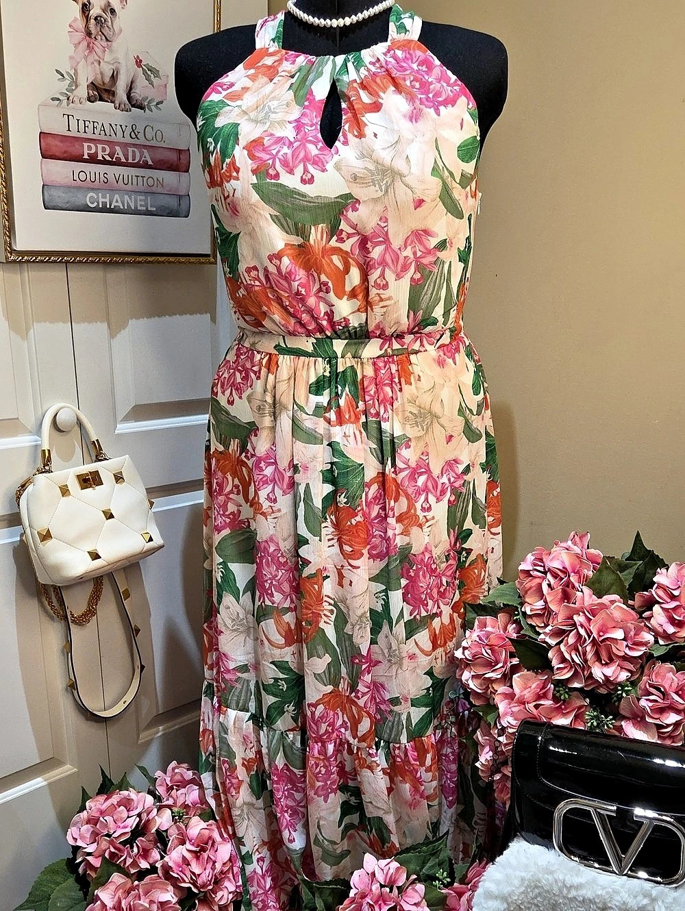 Nwot 16W CeCe Halter Maxi Dress with Flounce Floral Pink & Green